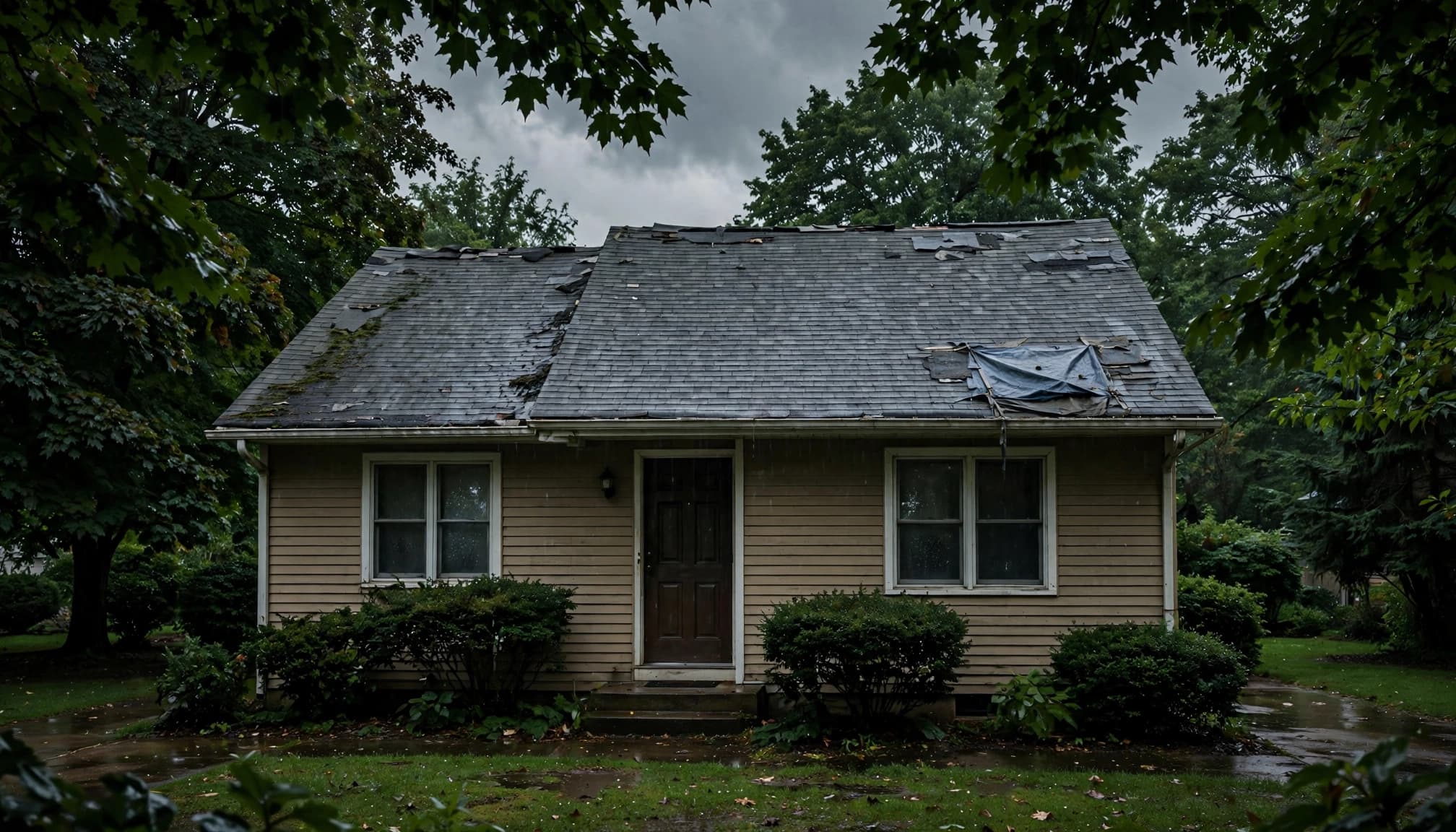 Older house with missing roof shingles and a small covered leak after rain.