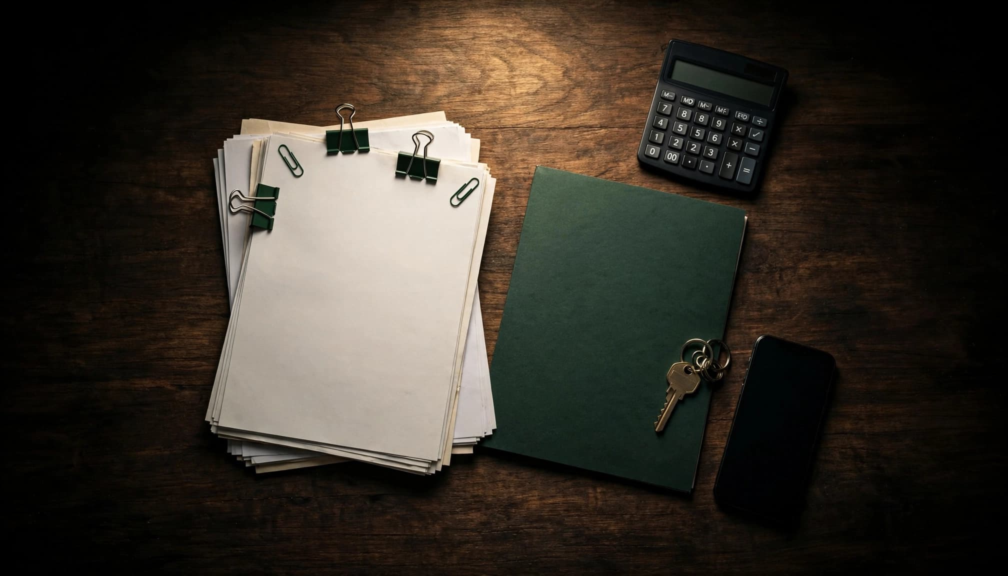 Estate-sale papers, a house key, folder, calculator, and phone on a dark wood table.