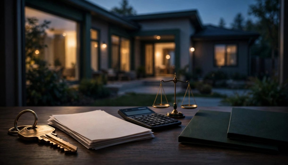 A house key, legal papers, mortgage documents, and calculator on a wooden table.