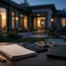 A house key, legal papers, mortgage documents, and calculator on a wooden table.