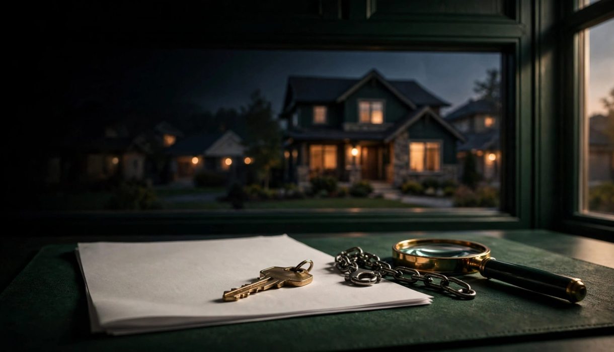A house at dusk appears behind a key, legal paper, chain, and magnifying glass.