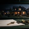 A house at dusk appears behind a key, legal paper, chain, and magnifying glass.
