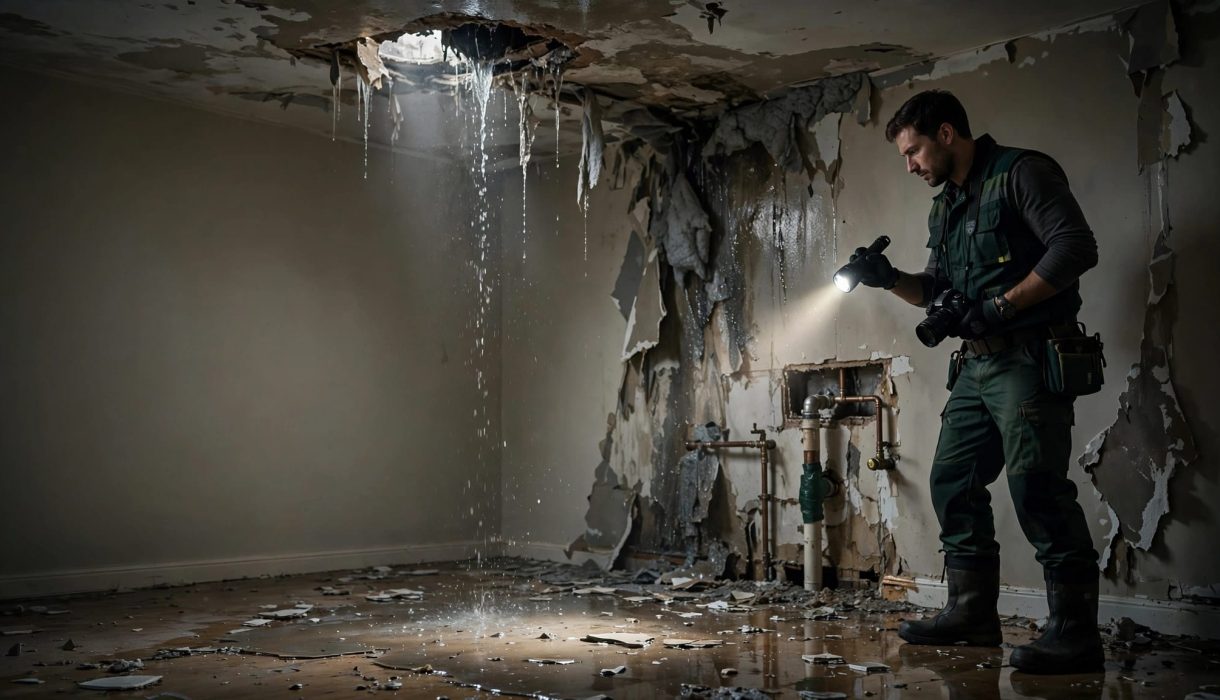 Inspector checking a leaky room with wet walls, exposed pipes, and standing water.