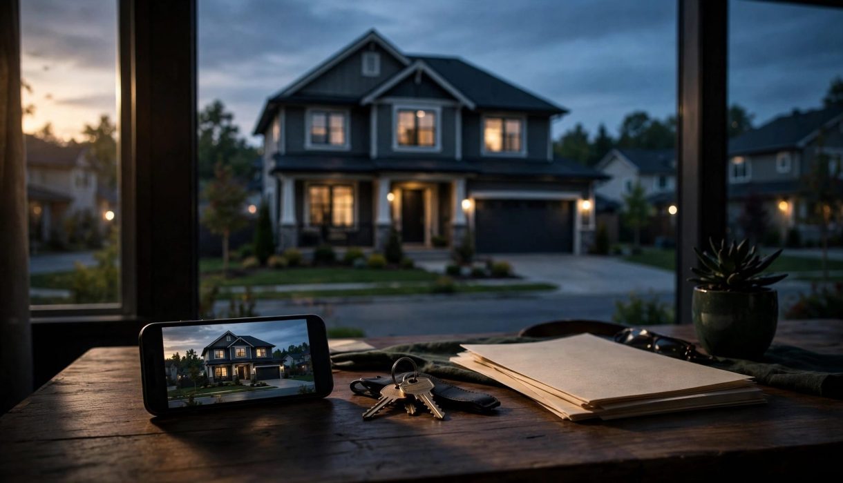 A vacant suburban house appears behind a phone, keys, and property papers on a desk.