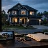 A vacant suburban house appears behind a phone, keys, and property papers on a desk.