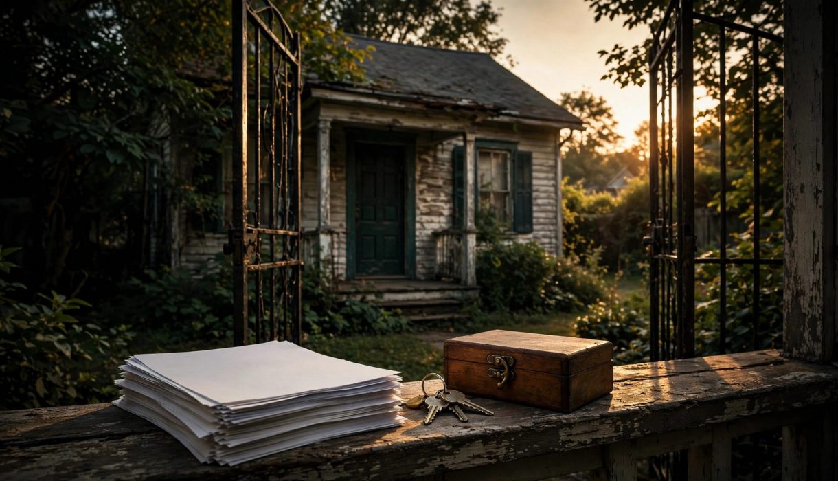 An unrepaired house seen through a gate with keys and documents on the porch.