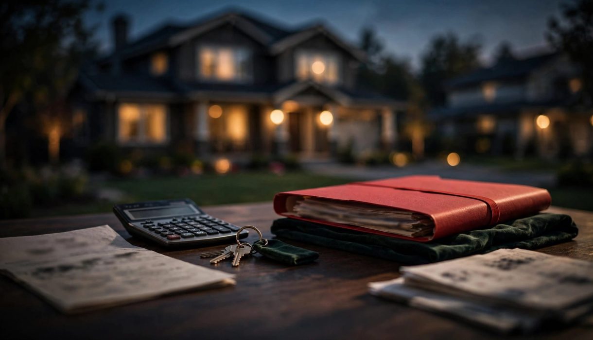 A house stands behind a table with a deed, calculator, keys, and tax papers.