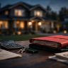 A house stands behind a table with a deed, calculator, keys, and tax papers.