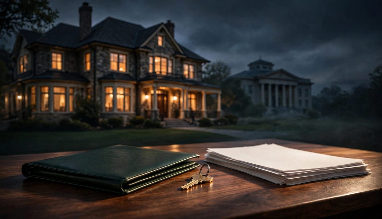 A house, key, green folder, and legal papers arranged on a table at dusk.