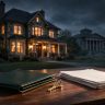 A house, key, green folder, and legal papers arranged on a table at dusk.