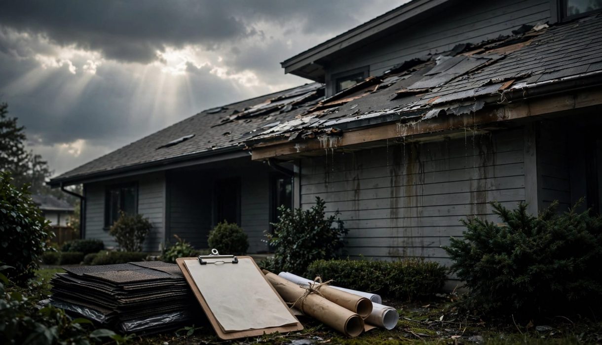 A suburban home with damaged shingles and roofing documents beside replacement materials.