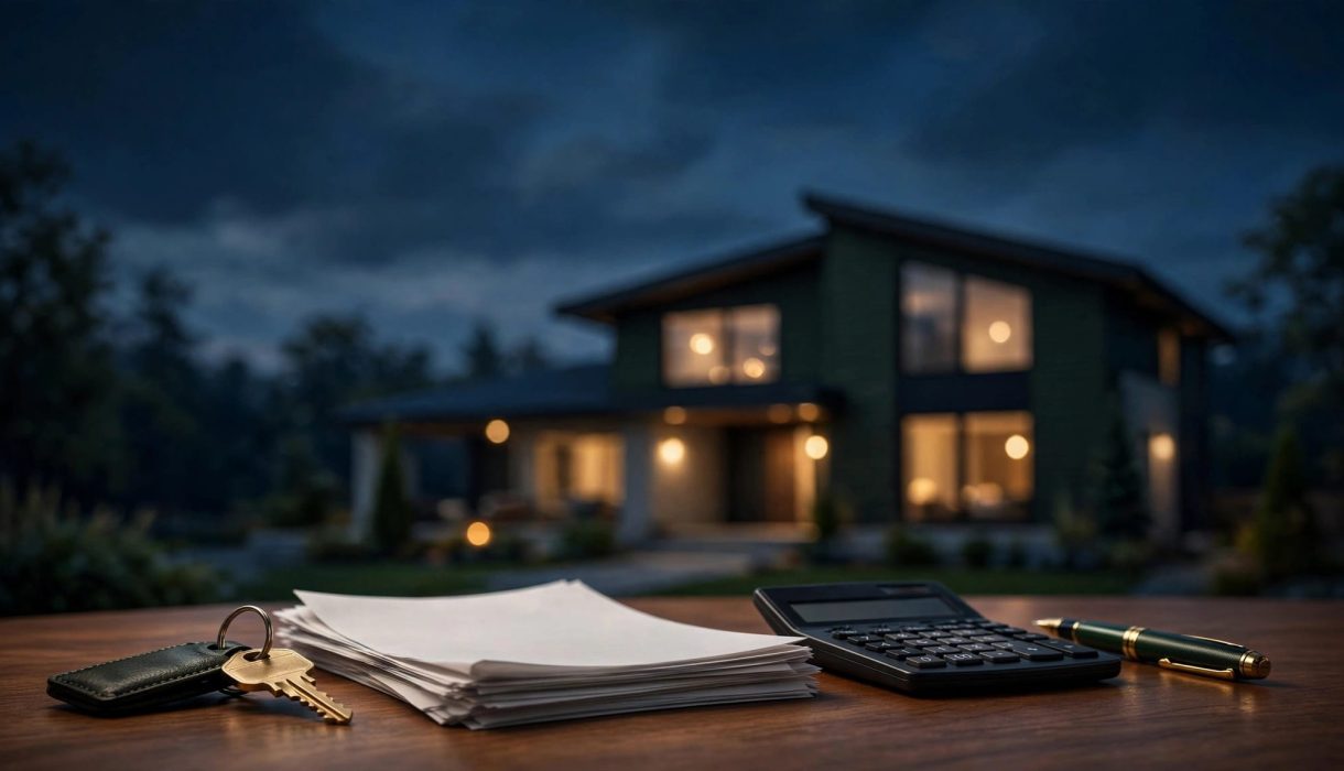 A house at dusk behind a table with a key, mortgage papers, calculator, and pen.