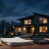 A house at dusk behind a table with a key, mortgage papers, calculator, and pen.