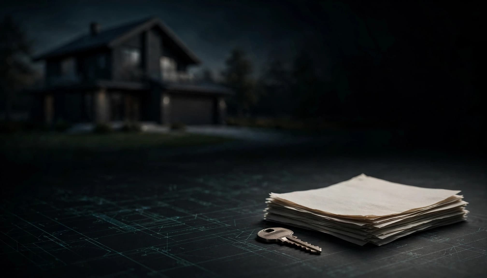 A house behind closing papers and a metal key on a dark tabletop.