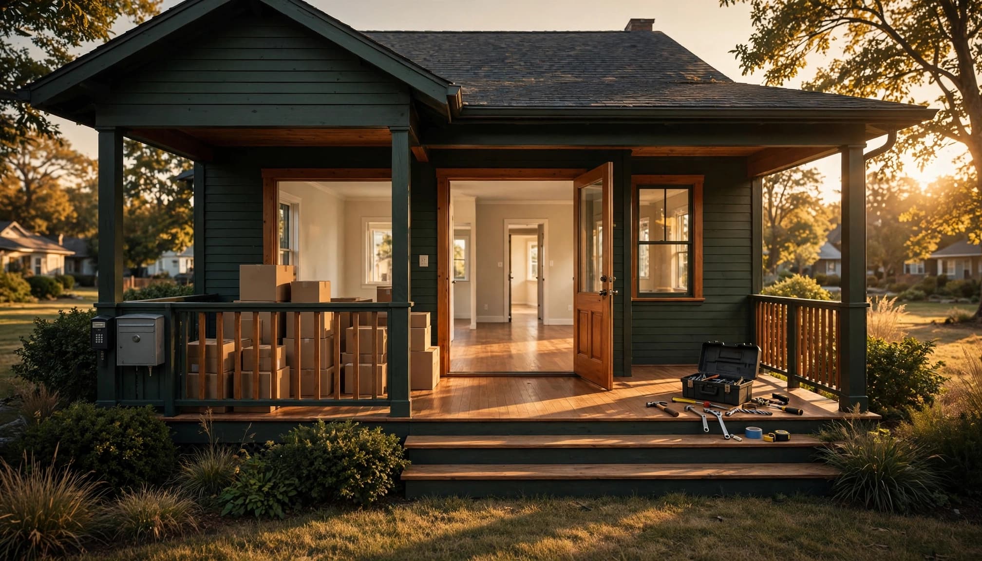 Open home entry with a porch lockbox, moving boxes, and repair tools.