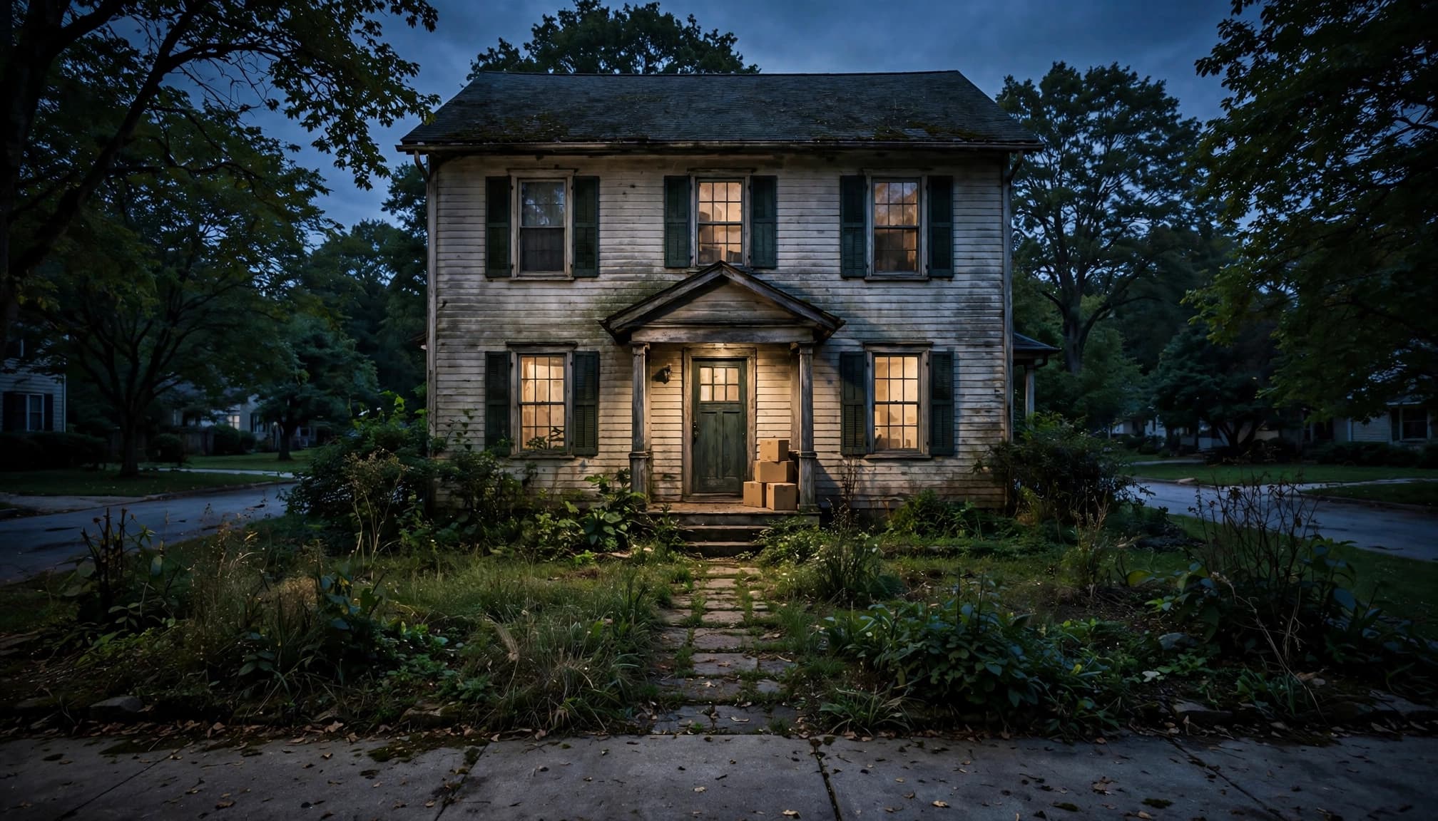 Older suburban house with faded siding, an overgrown garden, and moving boxes by the porch at dusk.