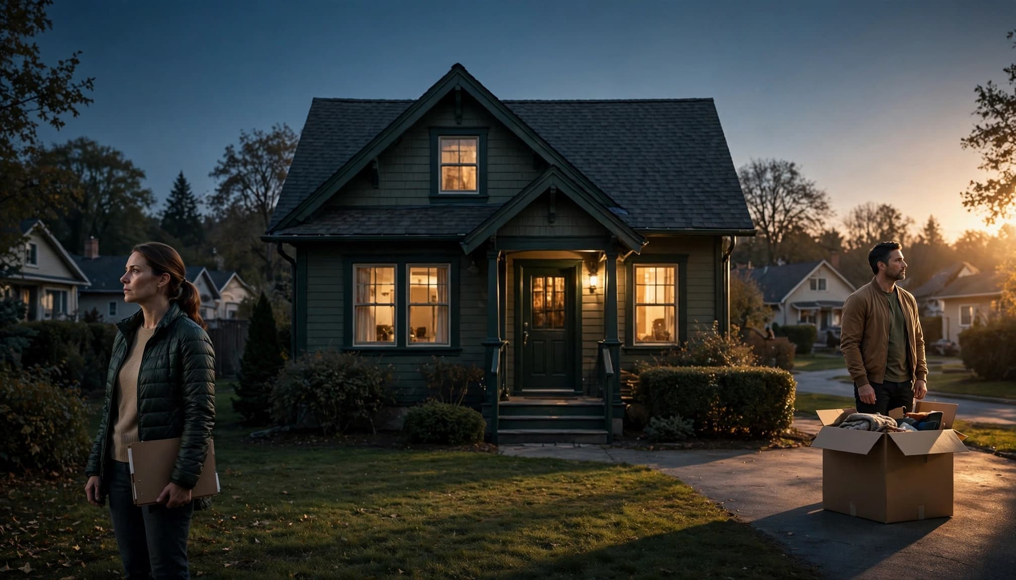 Two adults stand apart outside a suburban house, with a folder and moving box nearby.