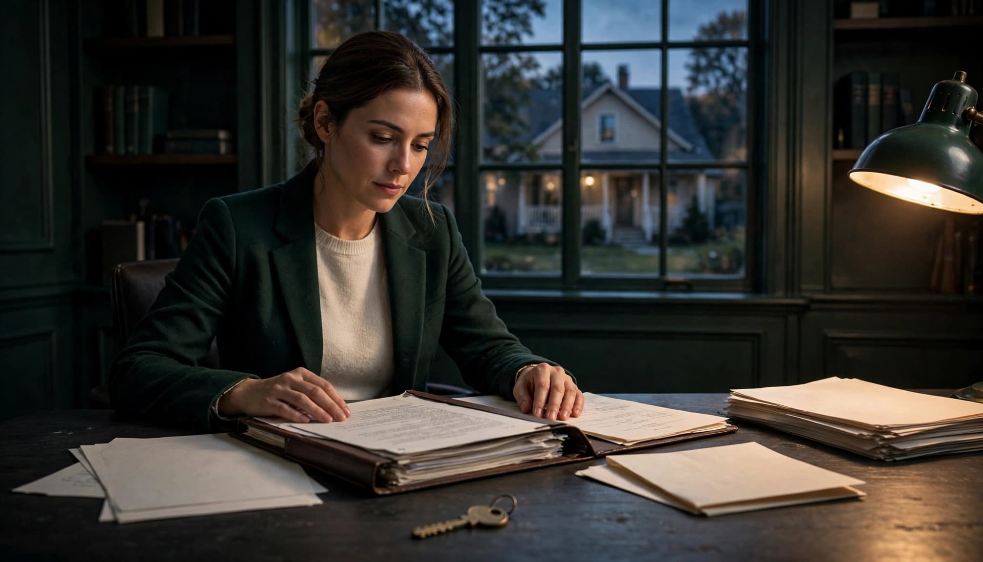 A probate attorney reviews estate papers beside a deed and key near a window.