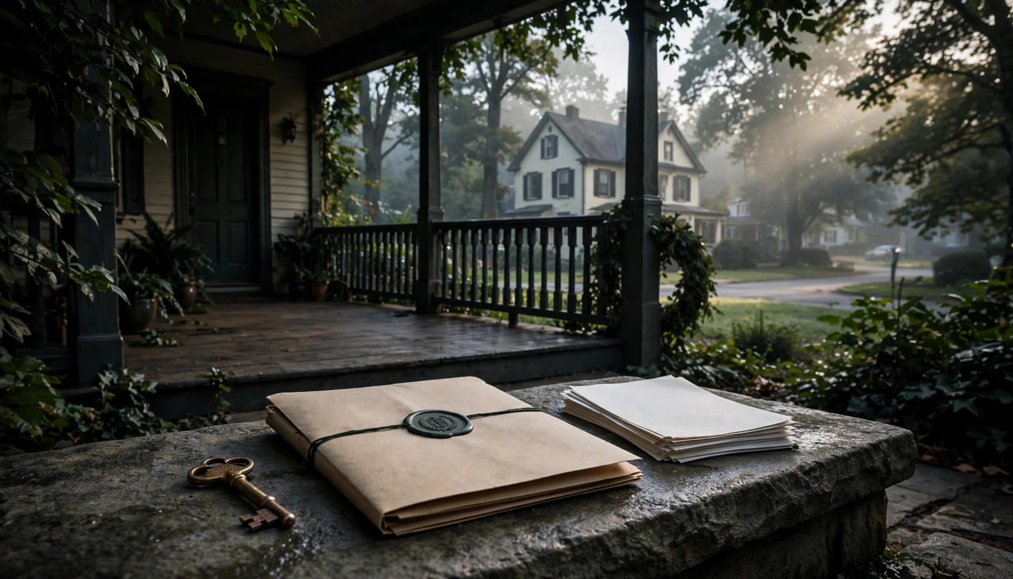 A brass key and sealed estate folder on a porch step before a suburban house.