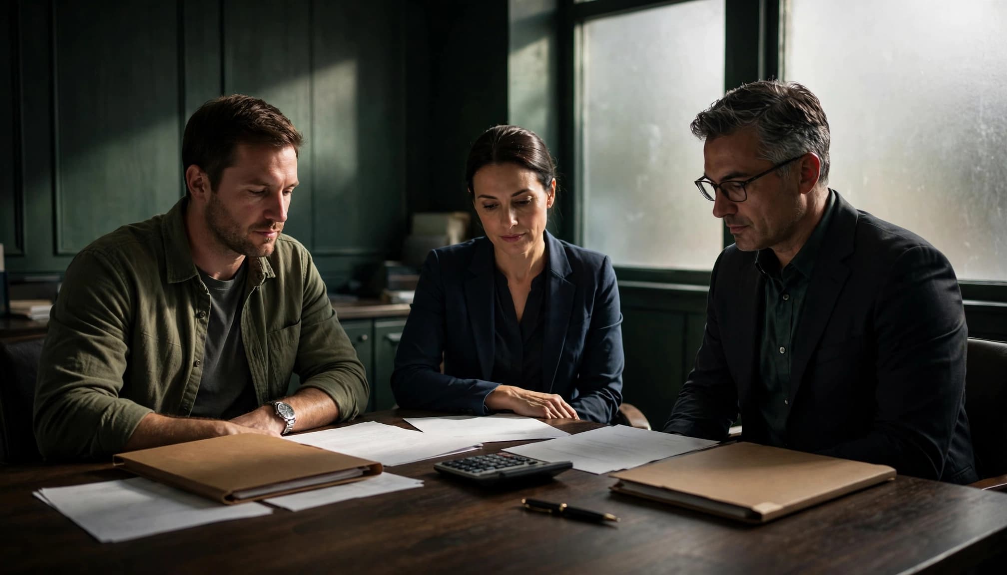 Three people review folders around a dark wood table during a real estate closing.