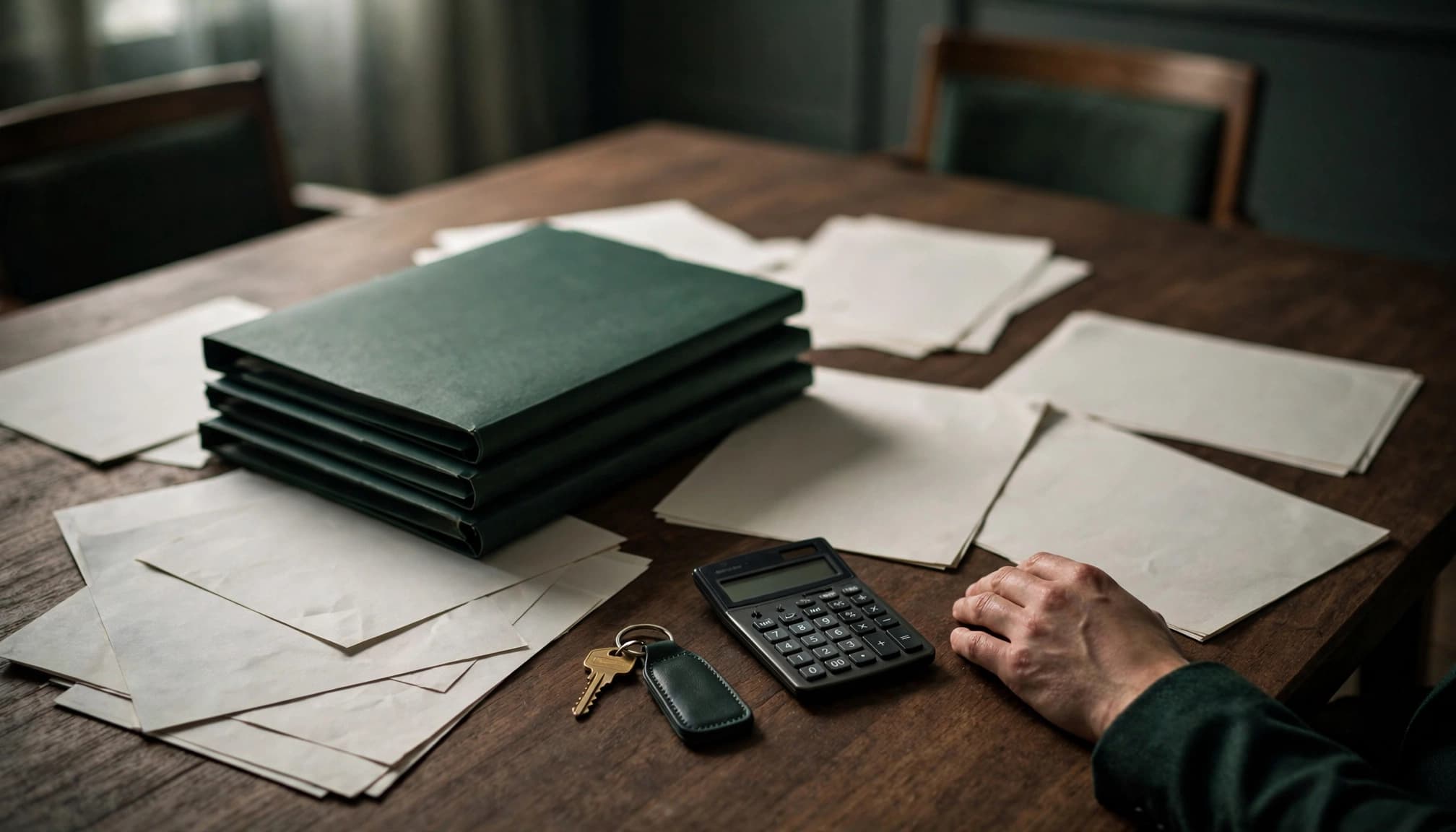 Hands beside a house key, calculator, and blank folders on a conference room table.