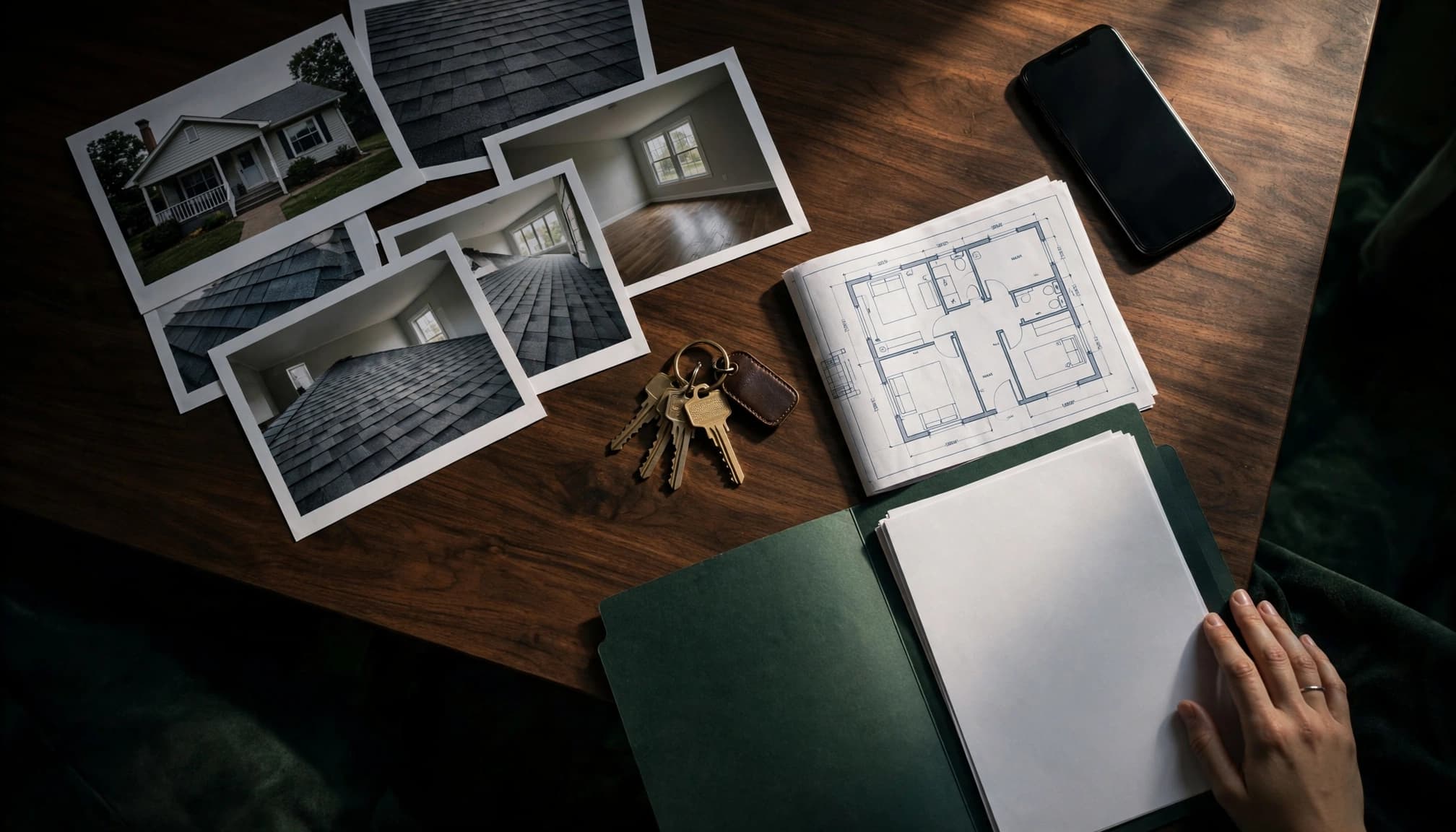 Keys, property papers, inspection photos, and a phone arranged on a dark wood table beside one hand.