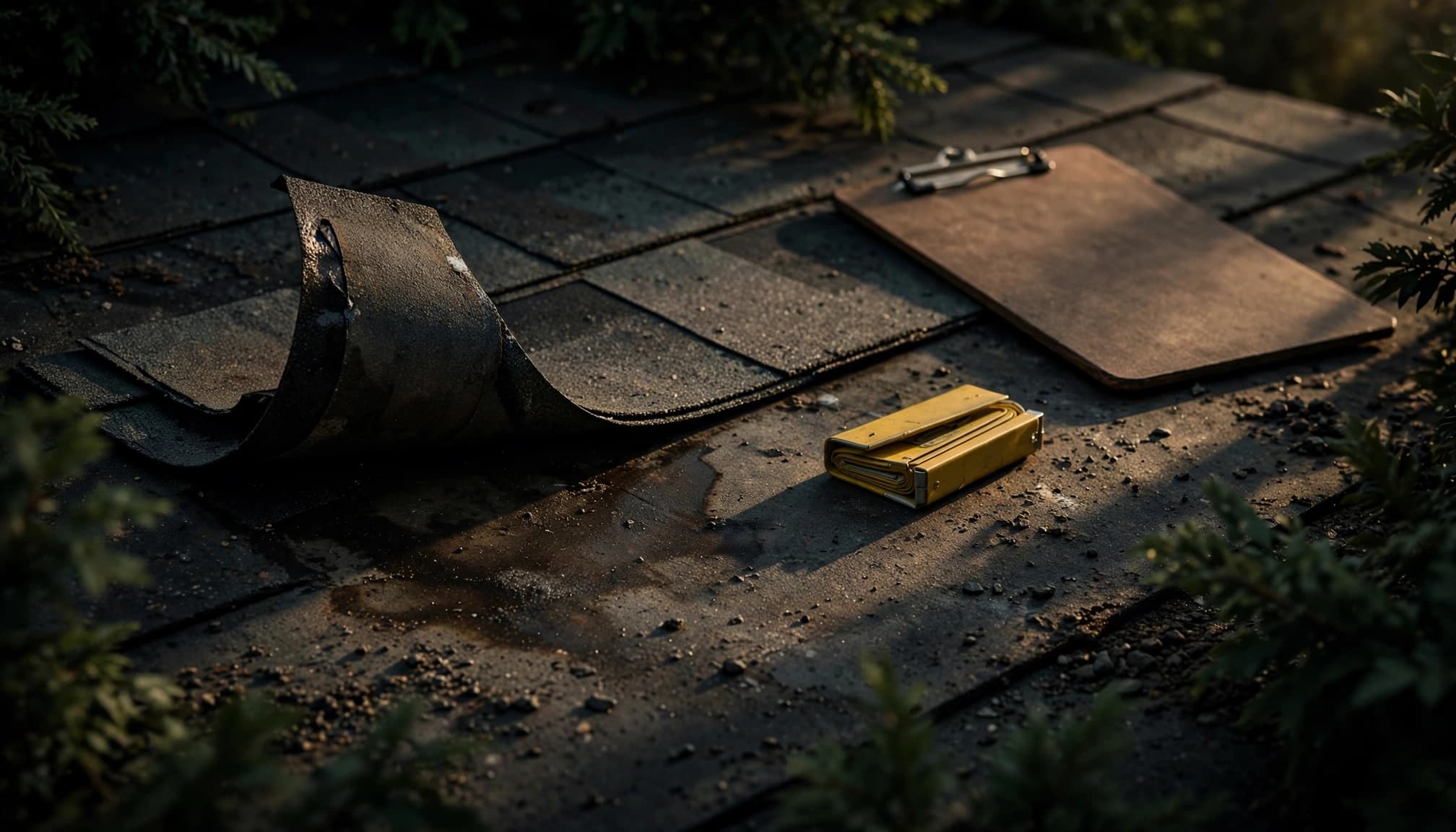 A clipboard and measuring tape beside a lifted shingle with a small roof stain.