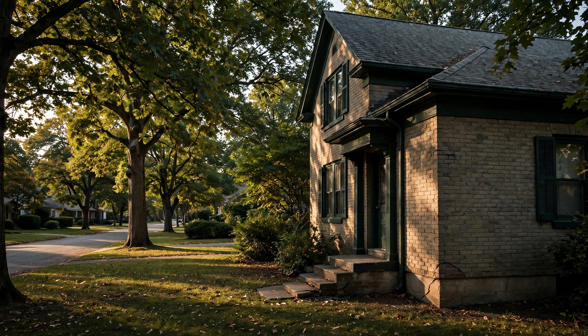 A suburban house with a crack near the foundation and uneven front steps.