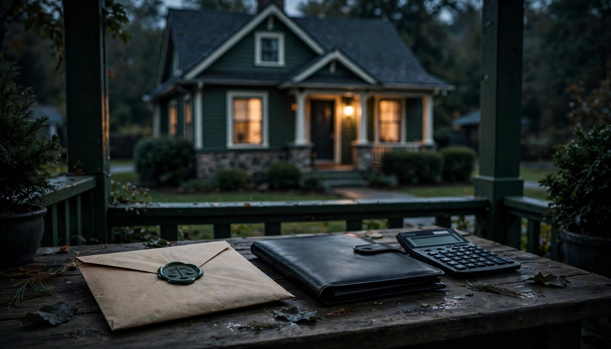 A suburban house stands behind a porch table with a sealed envelope, folder, and calculator at dusk.