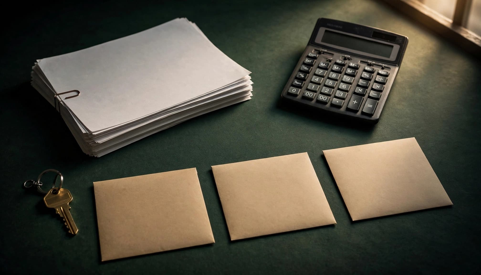 A house key, calculator, papers, and three envelopes on an empty closing table.