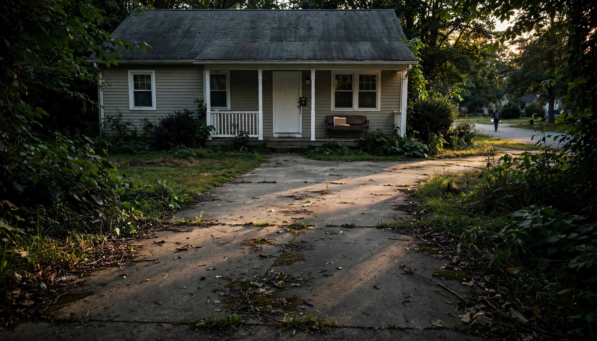 A vacant house has a front-door lockbox and inspection folder on the porch bench.