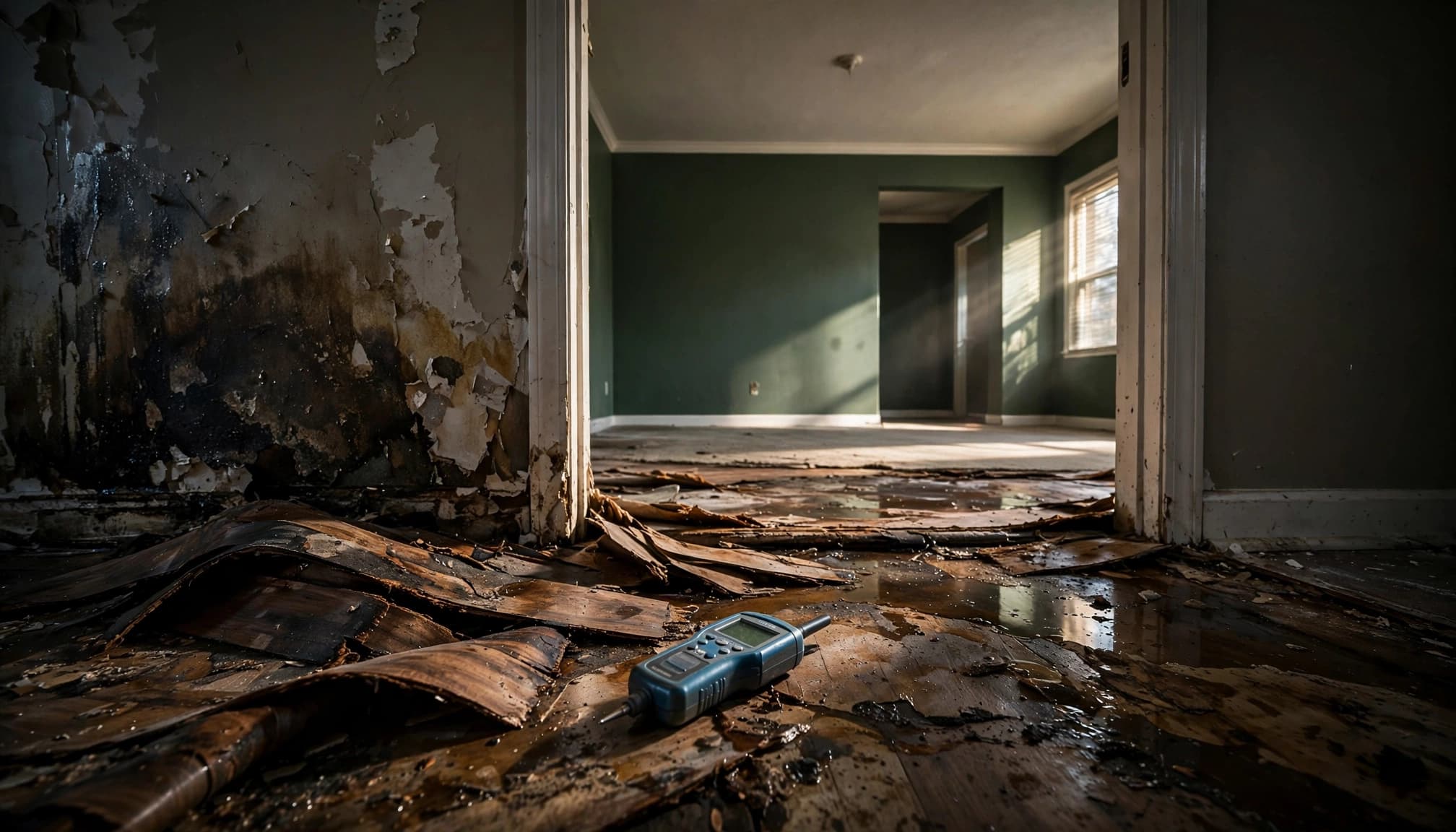 Damaged living room wall and flooring with a moisture meter on the floor.